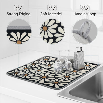 SHIYUE Dish Drying Mat for Kitchen Counter Super Absorbent Spring Kitchen Decor Microfiber Drying Matainers Rack Fast Pad Dish Drainer Mats(Black Flower,18''x24'')