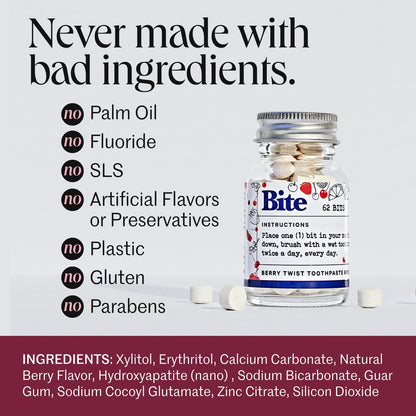 Bite Whitening Toothpaste Tablets – Nano Hydroxyapatite & Xylitol (Berry Twist) | Sensitive Teeth & Kid-Friendly | No Fluoride, Vegan, Cruelty-Free | Travel-Size | 2 Bottles (124 Bits) | Made in USA