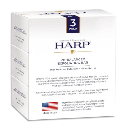 HARP pH-Balanced (5.0-6.0) Exfoliating Body Wash Bar - FRAGRANCE FREE. Bamboo Powder Exfoliation -the perfect consistency. Soap/Lye/Preservative/Dye/Masking agent-Free. Non-comedogenic.
