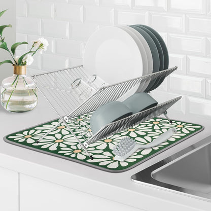 SHIYUE Dish Drying Mat for Kitchen Counter Super Absorbent Spring Kitchen Decor Microfiber Drying Matainers Rack Fast Pad Dish Drainer Mats(Green Flower,16''x18'')