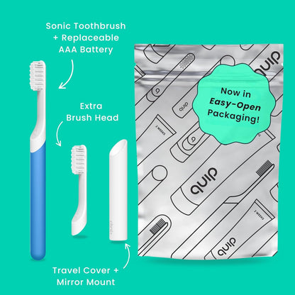 Quip Plastic Sonic Electric Toothbrush for Adults - Time Travel & Soft Bristles with Travel Case & Replacement Brush Head - 3 Month Battery Life - Blue