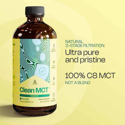 LevelUp Clean MCT Oil - 100% Caprylic C8 for Energy, Focus, Weight Management, Gut Health, Brain Superfuel - Keto Supplement for Ketogenic Coffee and Ketones - Non-GMO (16 oz Glass Bottle)
