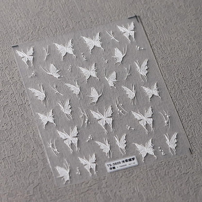 Butterfly Nail Stickers 5D Embossed Nail Art Decals Self-Adhesive White Butterfly Nail Stickers for Nail Art DIY Nail Art Decorations Supplies for Women (1, White Butterfly)
