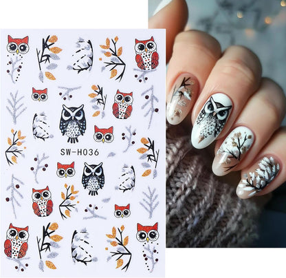 4pcs Christmas Nails Stickers Silver Glitter Leaves Line Owl Nail Art Design 3D Self-Adhesive Nail Decals Xmas Nail Sticker DIY Autumn Winter Manicure Art Supplies Decoration Accessories