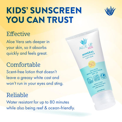 Aloe Up Kids Broad Spectrum Mineral Sunscreen Lotion SPF 50 - Face and Body Sunblock for Sensitive Skin - With Gen2 Zinc Oxide and Aloe Vera - Dries Clear - Reef Safe - Fragrance-Free - 3 Oz