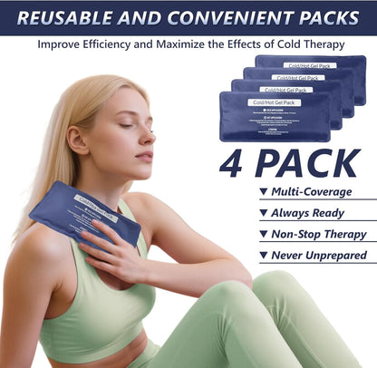 Reusable Gel Soft Ice Packs for Injuries, 4 Pack Flexible Hot and Cold Packs with Strap for Knees, Back, Face, Joint & Muscle Pain Relief (Small 4.33"x 9.45")