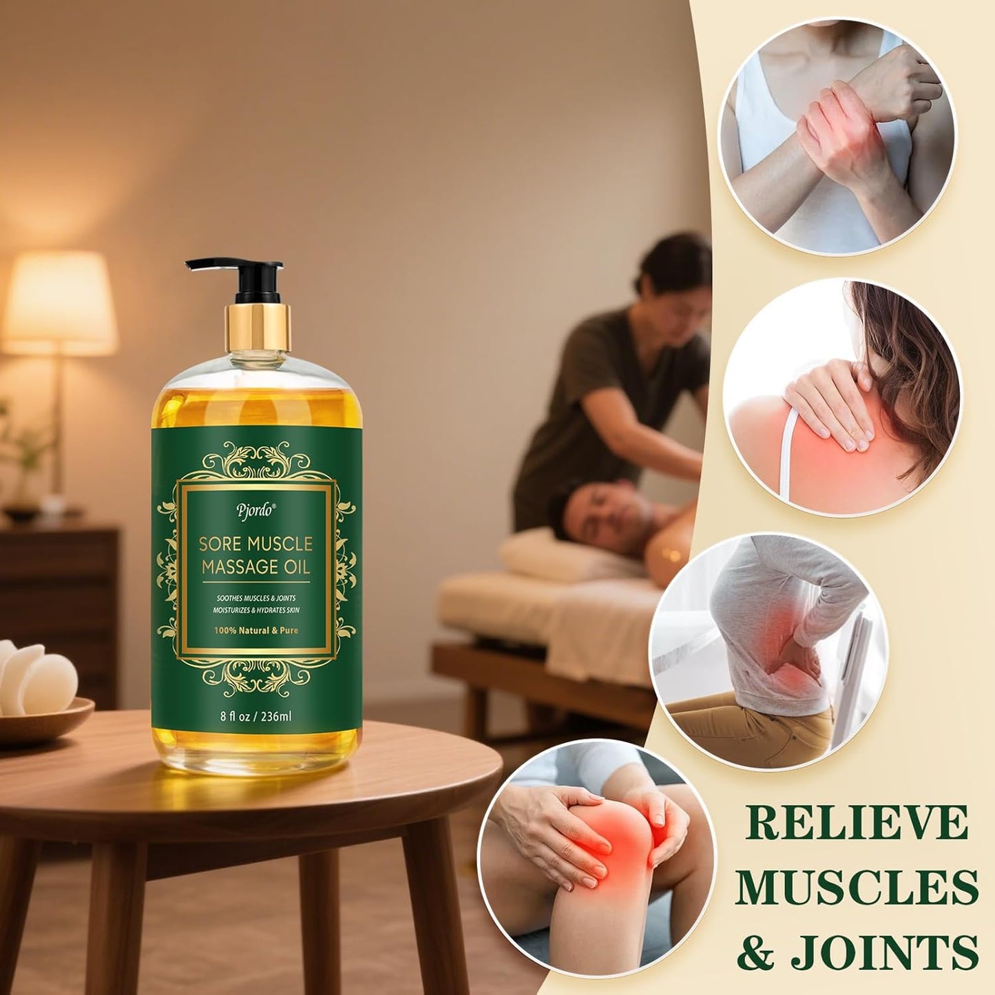 Sore Muscle Massage Oil for Massage Therapy, 8 FL OZ Natural Body Massage Oil with Lavender Oil, Arnica & Chamomile Extract, Soothes Muscle and Joint for Professional & Home Use