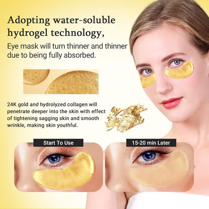 Under Eye Patchs 24k Gold Eye Mask and Hyaluronic Acid and Rose for Dark Circles and Puffiness Wrinkle Eye Bags 30 Pairs