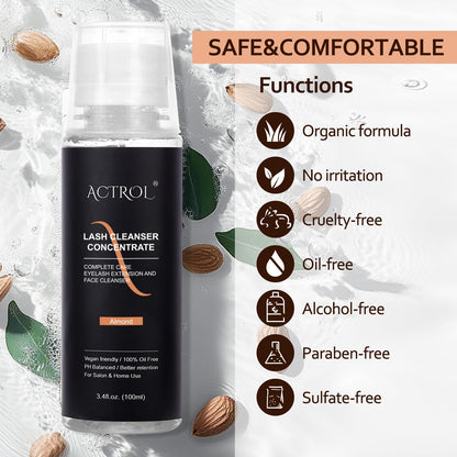 Eyelash Cleanser Concentrate 100ml Almond Professional Lash Shampoo Foaming Cleanser Lash Wash Concentrate for Extensions Lashes with Salon Home Care-Makes 40 Bottles Almond