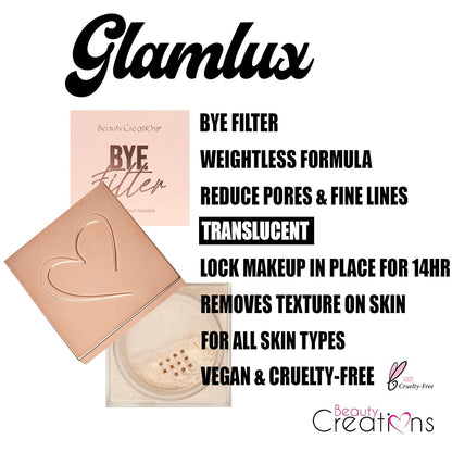 Beauty Creations Loose Setting Powder BYE Filler Translucent Loose Setting Powder Minimizes Pores and Fine Lines Matte Finish Natural Face Makeup & Pink Collagen Lip Mask