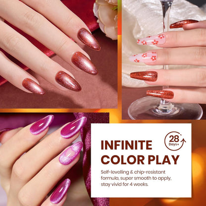 Beetles Fall Gel Nail Polish Set – Opulent Glow Cat Eye Gel Polish, 20 Colors Red Orange Yellow Glitter Brown, Soak Off UV LED with Base Glossy Matte Top Coat for DIY Manicure Gift for Women