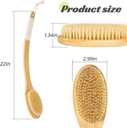 Bath Body Brush Shower, 22" Super Long Curved Bamboo Handle Antiskid Back Body Scrubber Wet/Dry Brushing, Moderately Soft Natural Bristle Body Brush for Showering