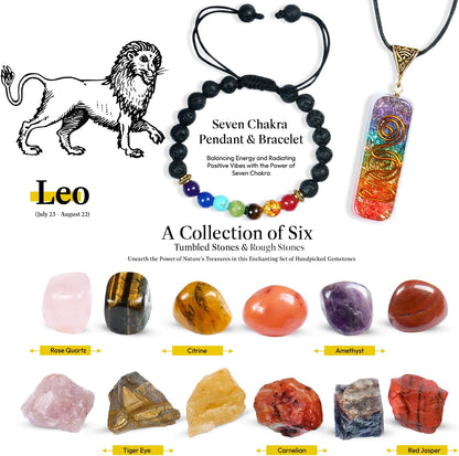 NARIBABU Leo Crystal Gift - Zodiac Crystals - Healing Crystal Pendant & Bracelet - Leo Horoscope Gifts - Zodiac Crystals for Beginners - Good Luck Birthstones Crystal Kit