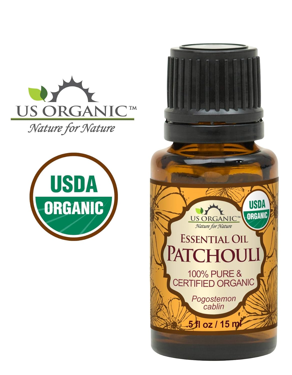 US Organic 100% Pure Patchouli Essential Oil - USDA Certified Organic, Steam Distilled - W/Euro droppers (More Size Variations Available) (15 ml / .5 fl oz)
