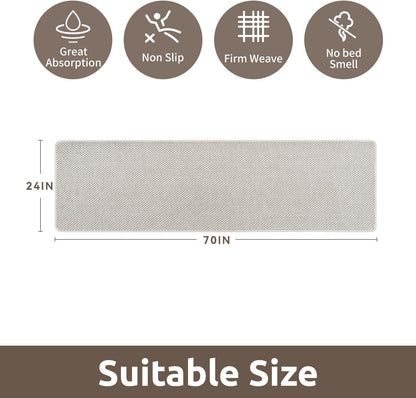 AMOAMI Chenille Bath Mat Super Absorbent Bathroom Mat Quick Dry Low Pile Bath Mats for Bathroom Washable Rubber Backed Bathroom Runners Fit Under Door, Front of Bathtub, Sink, Beige&White 24"x70"