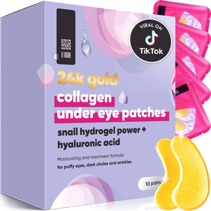 LE GUSHE Under Eye Mask & Under Eye Patches (10 Pairs) - Gold Eye Mask with Collagen & Amino Acid, Cooling Eye Care for Wrinkles, Puffy Eyes & Dark Circles, Brightening Skincare