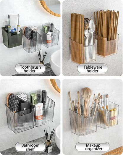Set Of 2 Storage Organizer Bins Wall Mounted Shower Caddy, Bathroom shelves Stackable Clear Plastic Toothbrush Holder Adhesive Hanging Bin for Bathroom, Kitchen, Cabinet, Shower BPA Free Small (Clear)