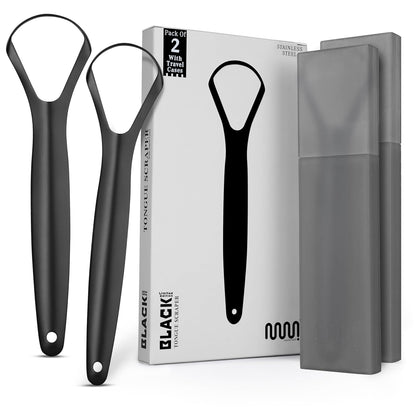 MasterMedi Black Tongue Scraper with Cases (Spoon Shape, 2 Pack), Tongue Scrubber for Bad Breath Treatment, Easy to Use Tongue Scraper for Adults, Tongue Cleaner for Oral Care