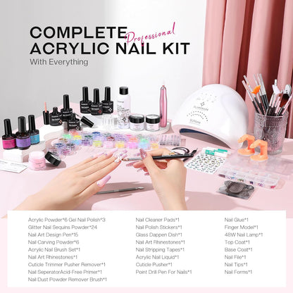 Acrylic Nail Kit with Everything: Professional Nail Kit Set for Beginners 48W Nail Lamp Complete Nail Supplies Salon