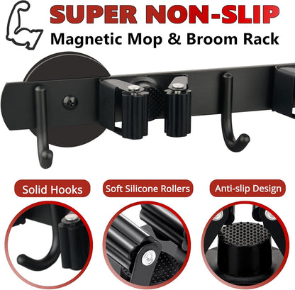ULIBERMAGNET Magnetic Mop Broom Holder,Heavy Duty Movable Magnetic Broom Holder Rack,Anti-slip Wall Mounted Utility Storage Mop Shovel Hanger for Garage, Kitchen, Laundry, Garden(3 Racks / 4 Hooks)