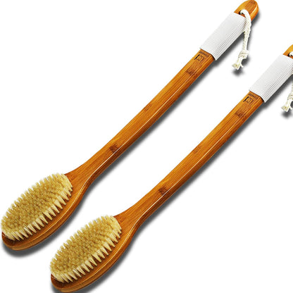 ICANdOIT-17.71Inch Natural Boar Bristles Anti-Slip Long Handle Bath Brush,Bent Handle Shower Scrubber for Exfoliating,Shower Back Brush,Exfoliation Set with Pumice Stone(2 Pack)