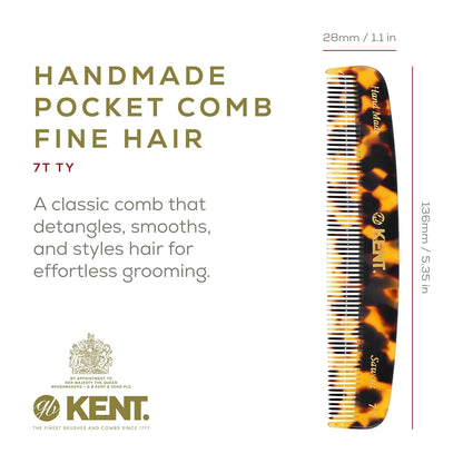 Kent 7T TY Handmade All Fine Tooth Pocket Comb for Men, Hair Comb Straightener for Everyday Grooming Styling Hair, Mustache and Beard, Use Dry or with Balms, Saw Cut and Hand Polished, Made in England
