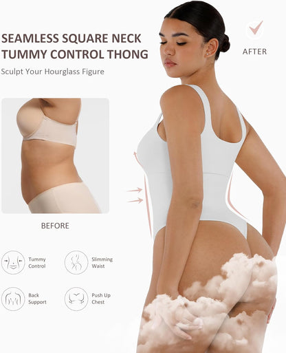 FeelinGirl Bodysuits for Women Seamless Square Neck Tummy Control Compression Thong Shapewear Bodysuit Tank Tops Bodysuit