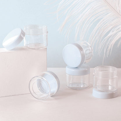 Refillable Cosmetic Sample Jars - 100 Pack 20g (0.7oz) White Small Travel Containers with Lids + 10 Mini Makeup Spatulas - BPA Free