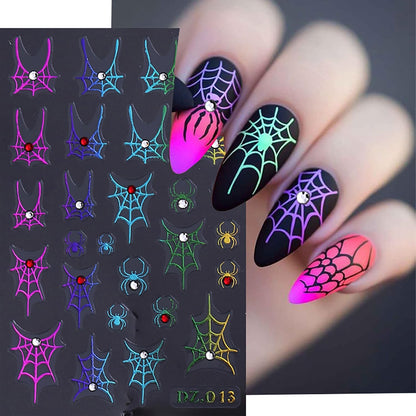 3 Sheets Spider Web Nail Stickers for Nail Art Gold Silver Halloween Nail Art Stickers Holographic Laser Spider Nail Decals With Diamond Designs 5D Self-Adhesive Scary Halloween Nail Sticker for Women