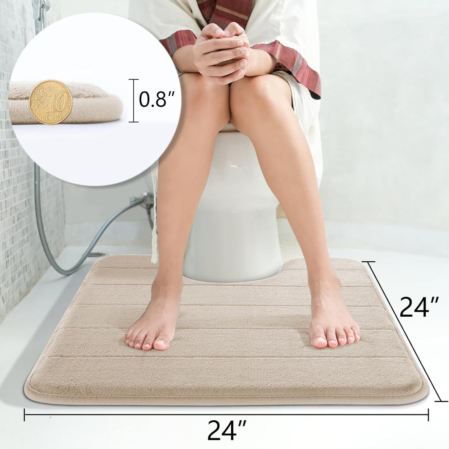 Yimobra Memory Foam Toilet Bath Mat U-Shaped, Soft and Comfortable, Super Water Absorption, Non-Slip, Thick, Machine Wash and Easier to Dry for Bathroom Commode Contour Rug, 24 X 24 Inches, Beige