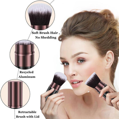 Makeup Brushes, Retractable 2 Pack Travel Kabuki Blush Makeup Brush Face Powder Foundation Brushes for Blending Liquid, Blush, Bronzer, Buffing, Sunscreen,Flawless Cosmetics