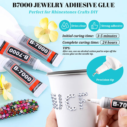 6100Pcs Resin Rhinestones for Crafting with 2Pcs 10ml B7000 Jewelry Glue, 1 Box Flatback Crystals Diamond (Silver) for Bedazzling Crafts DIY Nail Art Non Hotfix Gems for Clothing Shoes