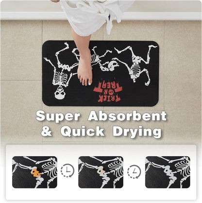Halloween Bath Mat, Thin Halloween Bathroom Rug Non Slip Quick Dry Skeleton Bath Mat Fits Under Door Thin Floor Mat Halloween Decor, 17''x30'', Skull Treat or Trick Black
