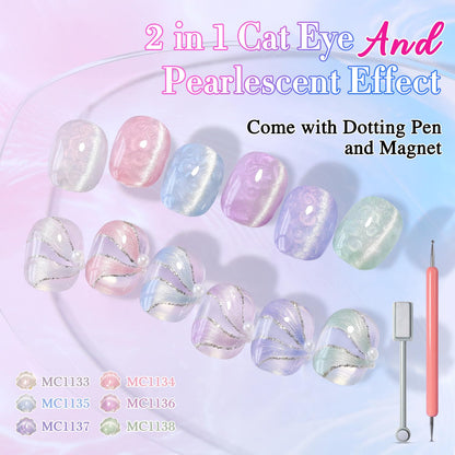 Double Rhythm Cat Eye Gel Polish Set 6 Colors Shimmer Glitter with Magnet Holographic Reflective Magnetic UV Nail Art Kit (Pearl Pink Blue Green Purple 6-Kit 44)