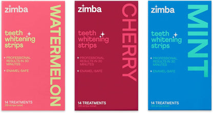 Zimba Teeth Whitening Strips 3-Pack Sampler Bundle | Watermelon, Cherry, Mint | Vegan Whitening Strips, Enamel Safe Teeth Whitening, Hydrogen Peroxide Tooth Whiteners