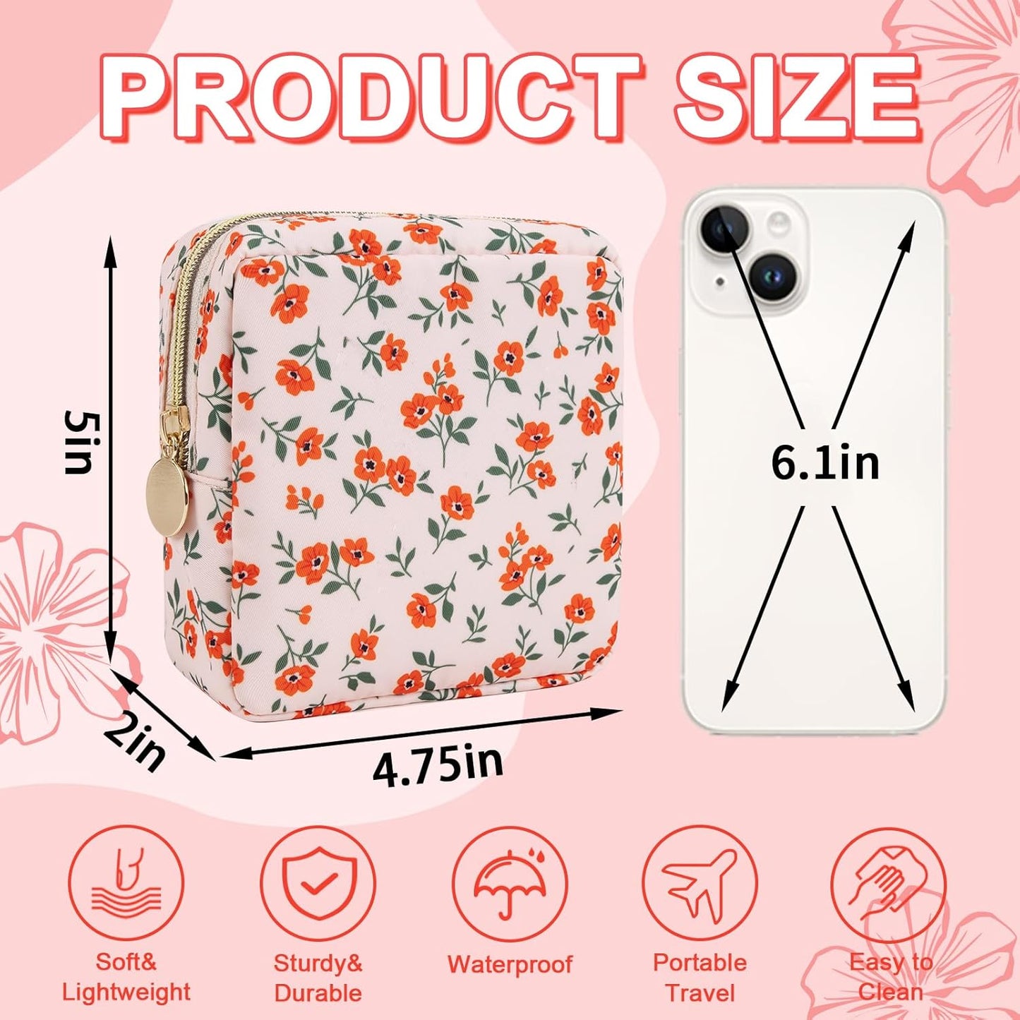 Waterproof Mini Floral Makeup Bag Pouch for Purse,Nylon Flower Cosmetic Travel Bag Small Preppy Toiletry Organizers Bag for Women Girl,Cute Zipper Pouch Coin Purse for Work(Mini Pink-Flowers)