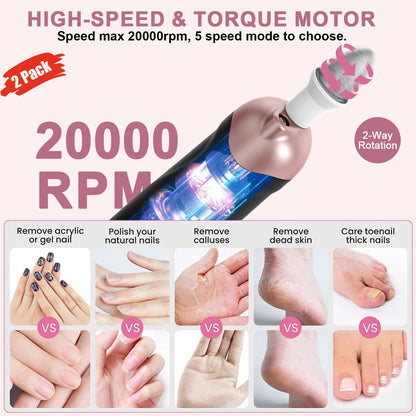 2 Pack All-in-One 9-in-1 Cordless Nail Drill Kit: 100 Bits, 5 Speeds for Perfect Nails at Home & Salon,Black