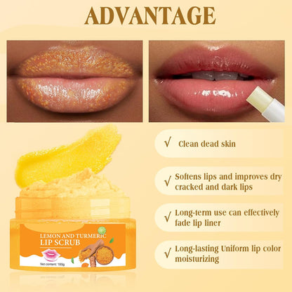 3PCS Turmeric Lip scrub 100g and Turmeric Lip Balm, Lip Scrubber Exfoliator Brush Set, Dark Lips Treatment for Smokers, Natural Exfoliator & Moisturizer Cracked, Dull, Reduce Fine Lines Lips
