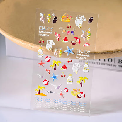 4Sheets Embossed Nail Stickers - Summer Starfish Nail Decals, Ocean Design for Acrylic Nails, Beach Shell Supplies for Women & Girls