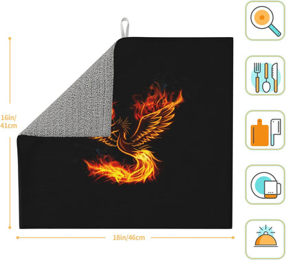Fire Phoenix Dish Drying Mat for Kitchen Counter Washable Absorbent Reversible Microfiber Funny Drying Pad Kitchen Accessories 16x18 Inch