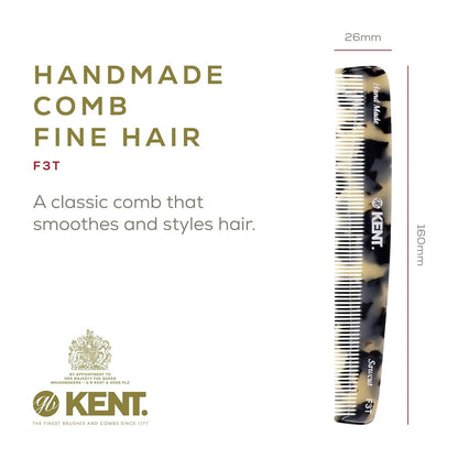 Kent F3T TW Fine Tooth Comb for Hair Parting, Handmade Combs for Men and Straightening Comb for Women, Dandruff Remover Kent Mens Combs for Fine Hair