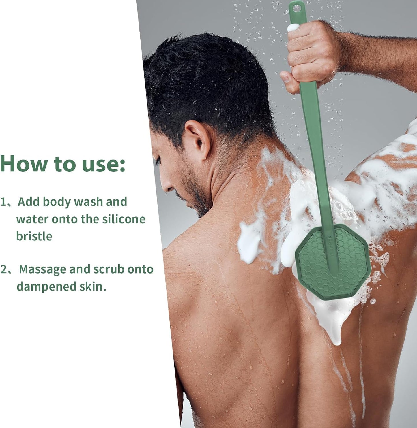 iTokGoK® Silver-Infused Silicone Back Scrubber with Long Handle Back Brush for Shower,Back Brush Long Handle for Men and Women,Ergonomic No-Slip Handle, Long-Lasting (Midnight Green)