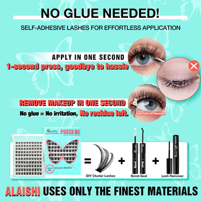 No Glue Needed Lashes, Self Adhesive Eyelashes, DIY Lash Eyelash Extensions Kit 10‑18mm,100pcs Fluffy D Curl Soft Natural Lashes with Tweezers–Fake Cat Eye Wispy Individual Clusters NG2031-1