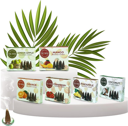Trumiri Fruity Incense Cones - Variety Pack - Total 60 Cone Incense (6 Scents x 10 Conos) - Strawberry, Coconut, Pineapple, Apple, Mango, Orange - Cone Incense Scents - Insense Cones - Incent Cone