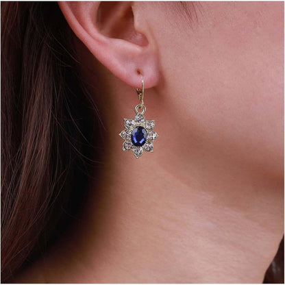 Vintage Crystal Flower Earrings Sapphire Drop Earrings Blue Oval Gem Earrings Gold Rhinestone Huggie Hoop Earrings Jewelry for Women