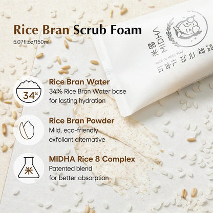 MIDHA RICE BRAN SCRUB FOAM 5.07fl.oz/150ml, Deep Cleansing, Pore-Purifying, Gentle Exfoliating – Soft Micro-Foam Face Wash with Balanced pH & Hydrating, Nourishing Care