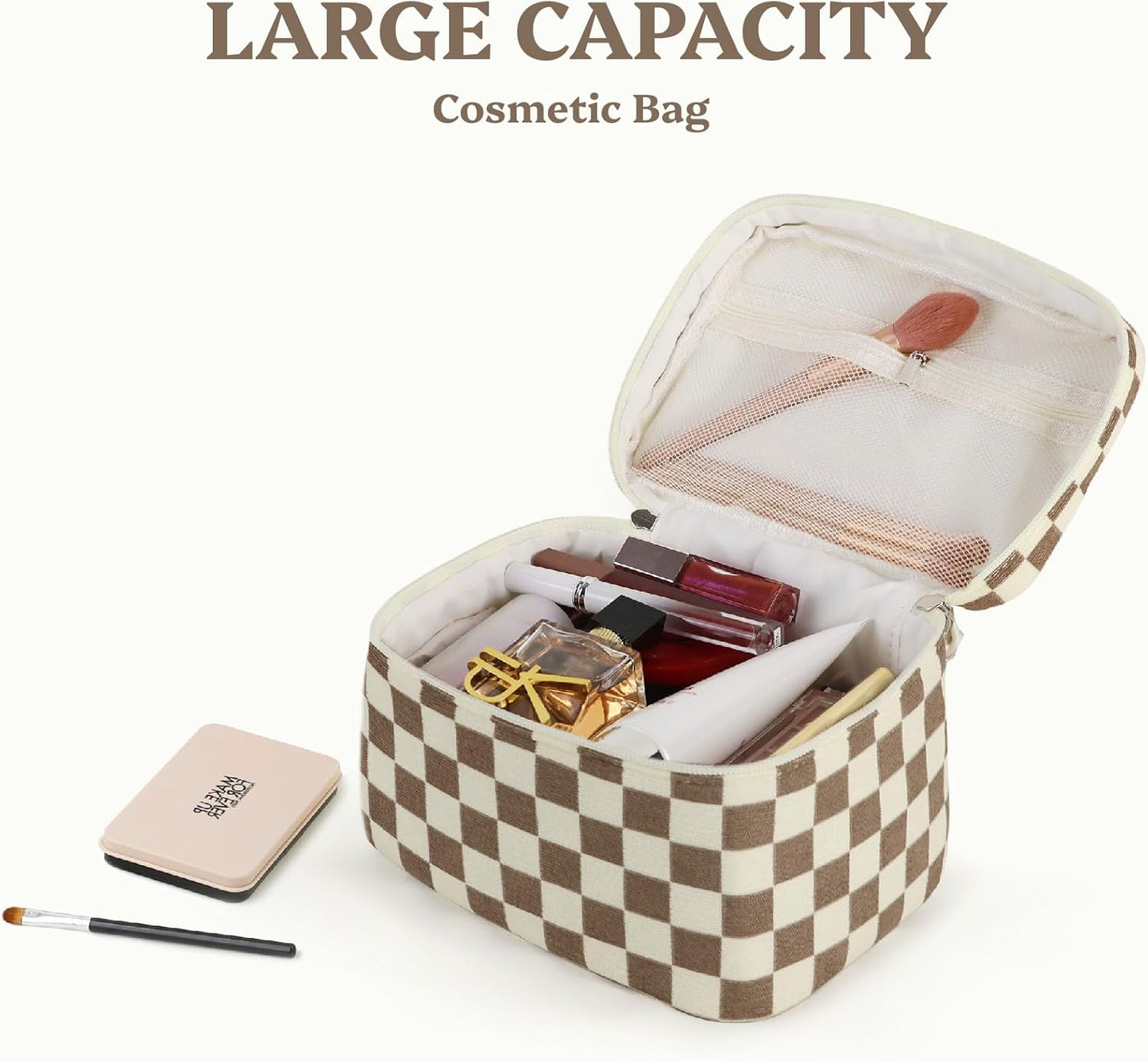 Prite Corduroy Makeup Bag Quilted Makeup Bag Large Floral Cosmetic Bag for Women Cute Travel Toiletry Bag with Handle(Light Checkerboard)