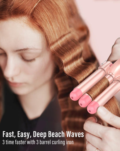 Waver Curling Iron Wand - BESTOPE PRO 5 in 1 Curling Wand Set with 3 Barrel Hair Crimper for Women, Fast Heating Crimper Wand Curler in All Hair Type, Women Gifts - Leather Pink