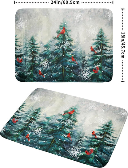 Pine Tree Dish Drying Mat for Kitchen Countertop Red Bird Dishes Mats Winter Decorative Absorbent Reversible Drainer Rack Pad 18x24 Inch