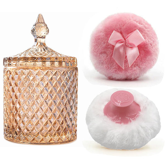 Luxury 4.2 Inch Glass Powder Container with 2 Plush Puffs｜Non-Sealed Refillable Organizer for Body Powder&Makeup｜Setting Powder Applicator w/Loose Powder Storage(Pointed Cylinder-Amber-Large)